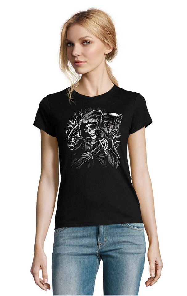 Blondie & Brownie T-Shirt Der Sensenmann Reaper der Goth Tod Fun Damen Shirt Motiv in Schwarz und Navyblau von Blondie & Brownie