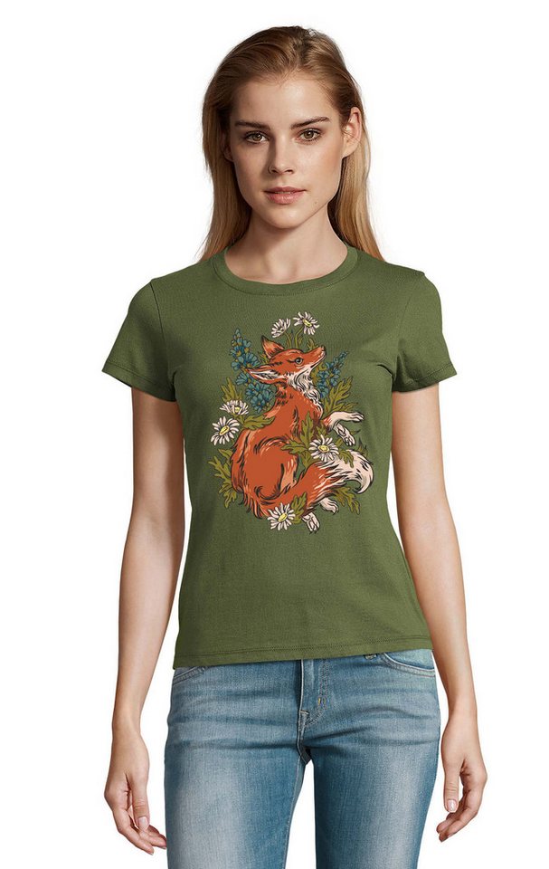 Blondie & Brownie T-Shirt Waldfuchs Fuchs Floral Blumen Flower Print Damen Shirt in vielen Farben von Blondie & Brownie