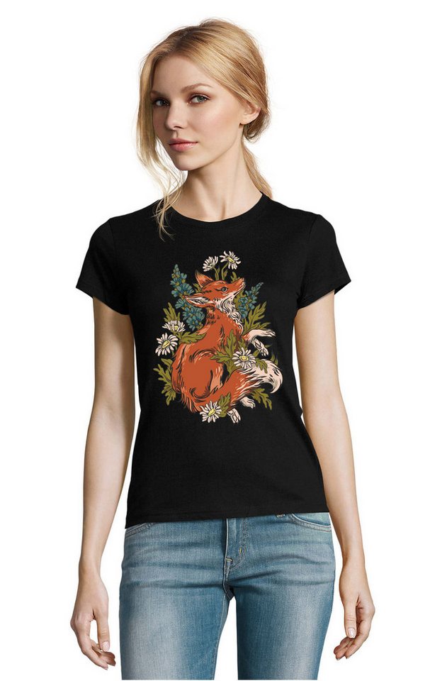Blondie & Brownie T-Shirt Waldfuchs Fuchs Floral Blumen Flower Print Damen Shirt in vielen Farben von Blondie & Brownie