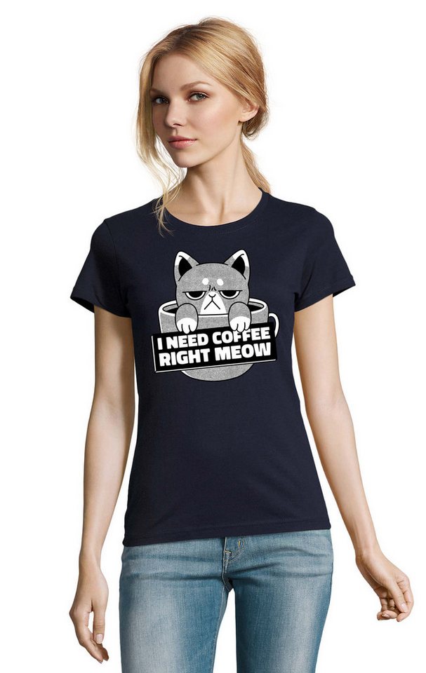 Blondie & Brownie T-Shirt Wütende i need coffee right meow Kaffee Katze Tier Damen Shirt Motiv in vielen Farben von Blondie & Brownie
