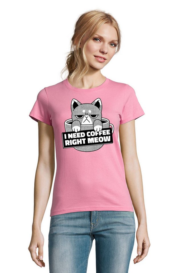 Blondie & Brownie T-Shirt Wütende i need coffee right meow Kaffee Katze Tier Damen Shirt Motiv in vielen Farben von Blondie & Brownie