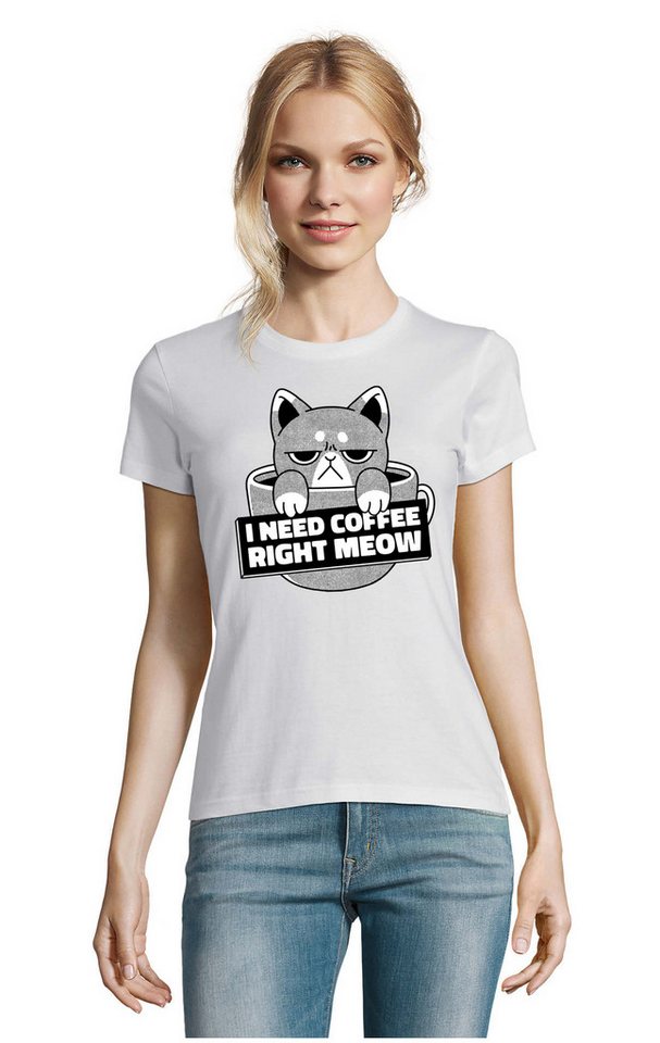 Blondie & Brownie T-Shirt Wütende i need coffee right meow Kaffee Katze Tier Damen Shirt Motiv in vielen Farben von Blondie & Brownie