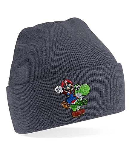 Blondie & Brownie Winter Herbst Beanie Mütze Mario & Yoshi, Grau von Blondie & Brownie