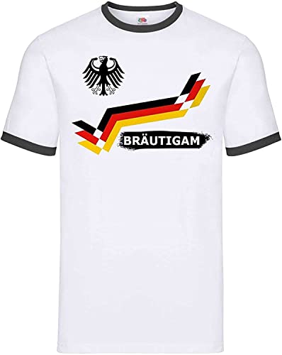 JGA Junggesellenabschied Herren T-Shirt Trikot Deutschland Bräutigam mit Wunschname + Nummer - BRÄUTIGAM/Weiß M von Blondie & Brownie