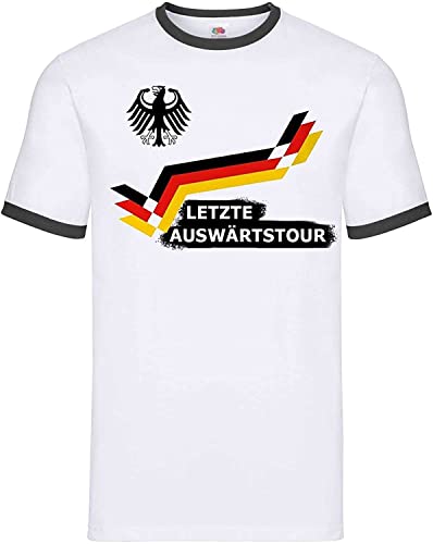 JGA Junggesellenabschied Herren T-Shirt Trikot Modell Letzte Auswärtstour - Schwarz/Weiß L von Blondie & Brownie