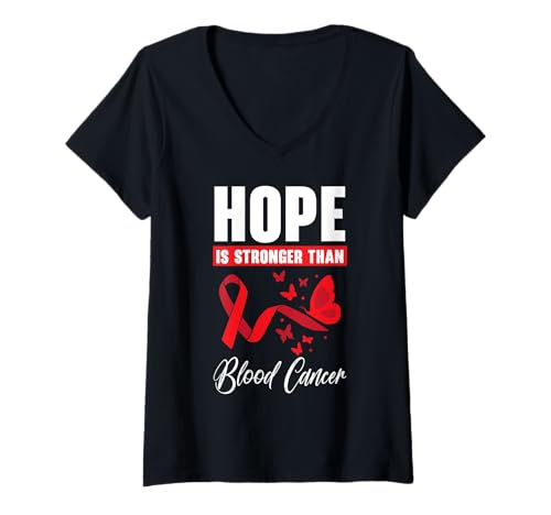 Damen Blutkrebsbewusstsein Leukämie Lymphom Myelom rotes Band T-Shirt mit V-Ausschnitt von Blood Cancer Awareness Red Ribbon