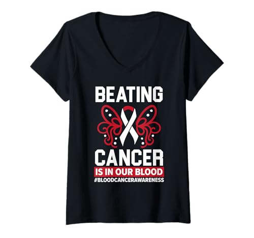 Damen Blutkrebsbewusstsein Leukämie Lymphom Myelom rotes Band T-Shirt mit V-Ausschnitt Damen Blutkrebsbewusstsein Leukämie Lymphom Myelom rotes Band T-Shirt mit V-Ausschnitt von Blood Cancer Awareness Red Ribbon