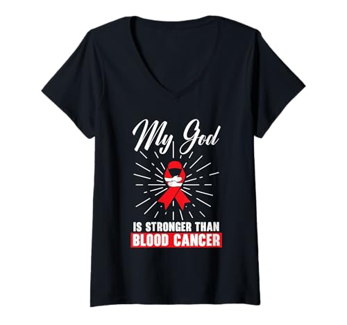 Damen Blutkrebsbewusstsein Leukämie Lymphom Myelom rotes Band T-Shirt mit V-Ausschnitt von Blood Cancer Awareness Red Ribbon
