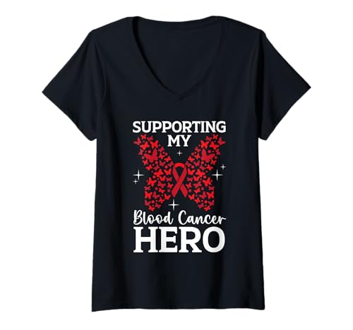 Damen Blutkrebsbewusstsein Leukämie Lymphom Myelom rotes Band T-Shirt mit V-Ausschnitt von Blood Cancer Awareness Red Ribbon
