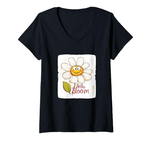 Damen Daisy Face und Hello Bloom Statement T-Shirt mit V-Ausschnitt von Bloom Outfit