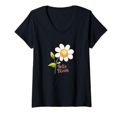 Damen Lächelnde Gänseblümchen mit Hello Bloom Speech T-Shirt mit V-Ausschnitt Damen Lächelnde Gänseblümchen mit Hello Bloom Speech T-Shirt mit V-Ausschnitt von Bloom Outfit