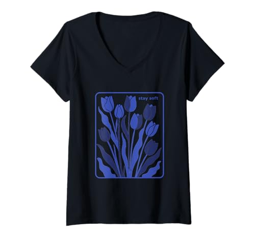 Damen Stay Soft Blue Tulip Minimalistisches Blumendesign T-Shirt mit V-Ausschnitt Damen Stay Soft Blue Tulip Minimalistisches Blumendesign T-Shirt mit V-Ausschnitt von Bloom Vibes Apparel