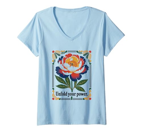 Damen Unfold Your Power Bold Peony Vintage Rahmen T-Shirt mit V-Ausschnitt Damen Unfold Your Power Bold Peony Vintage Rahmen T-Shirt mit V-Ausschnitt von Bloom Vibes Apparel