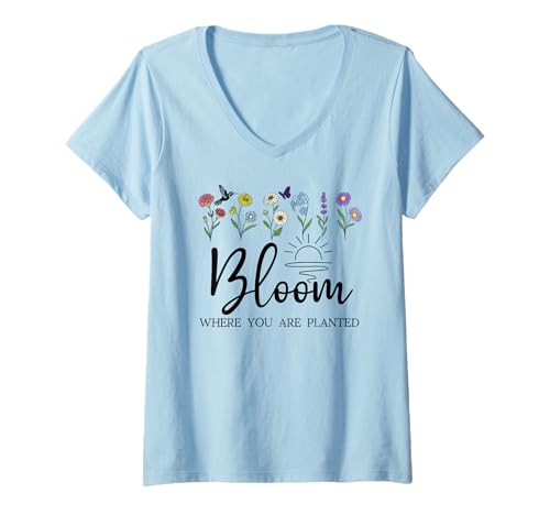 Damen Bloom Where You Are Planted Wildflower Christian Bible Verse T-Shirt mit V-Ausschnitt von Bloom Where God Plants You T Shirt,Christian Tees
