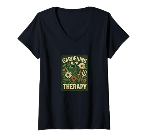 Damen Gardening is My Therapy Bunte Pflanzen- und Blumenkunst T-Shirt mit V-Ausschnitt von Bloom and Balance Studios