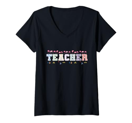 Damen Blumen-Design für Lehrer-Buchstaben T-Shirt mit V-Ausschnitt Damen Blumen-Design für Lehrer-Buchstaben T-Shirt mit V-Ausschnitt von Bloom and Chalk Studio
