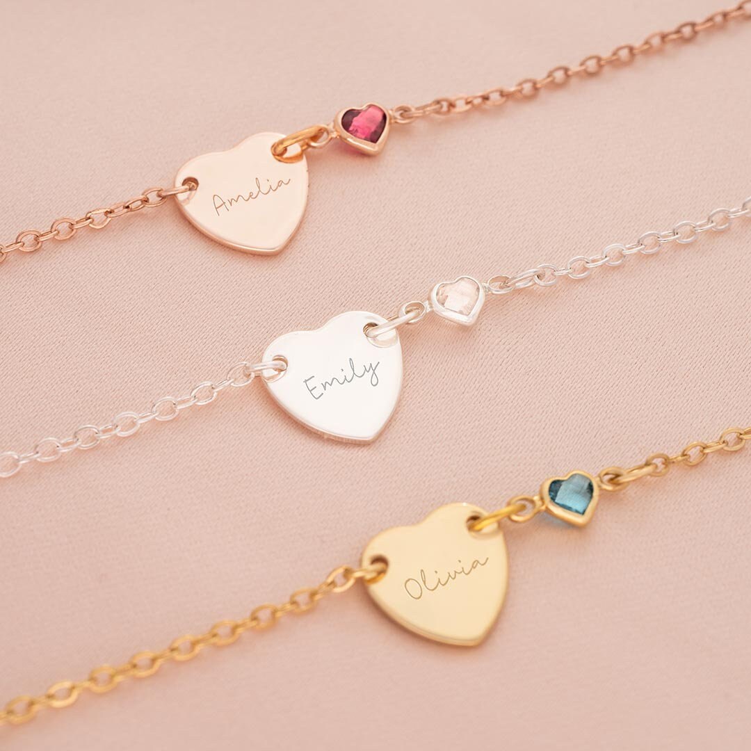 Silbernes Chloe-Herz Und Personalisiertes Herz-Geburtsstein-Armband Handgefertigtes Geschenk Für Sie Geburtstagsgeschenk Bloom Boutique von BloomBoutiqueUK