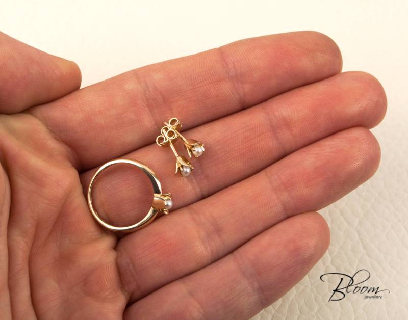 Perlen Ring Und Ohrringe Hochzeit Set 14K Gelbgold Bloomdiamonds von BloomDiamonds