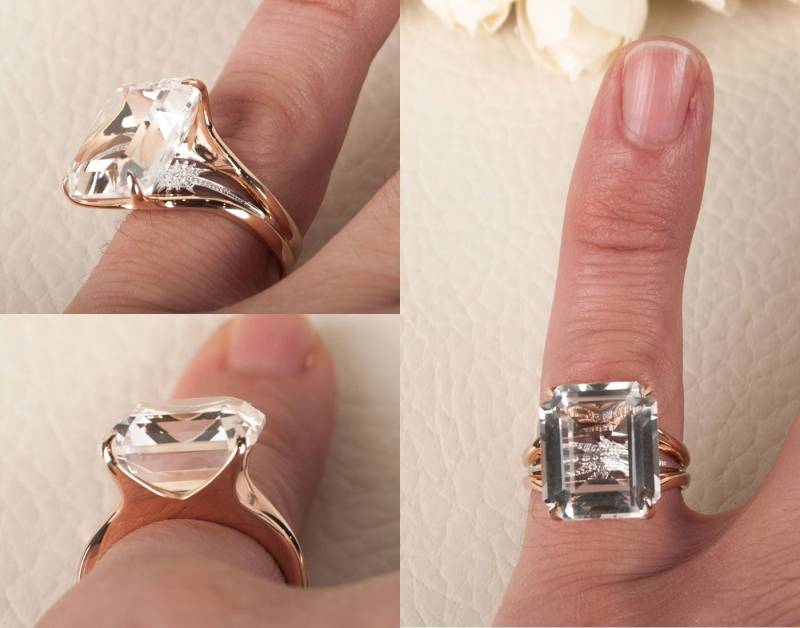 Weißquarz Gold Ring 18K Roségold Großer Quarz Oktagon Cocktail Kleiner Diamant Unter Dem Hauptstein Bloomdiamonds von BloomDiamonds