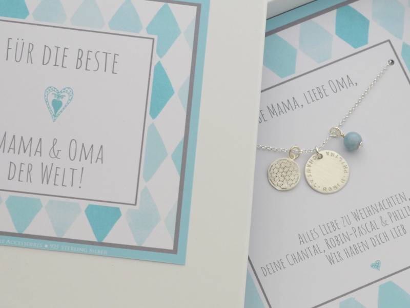 Familienkette Mit Gravur Lebensblume Aquamarin Gravur Anhänger Perfekte Alltagskette Für Mama Und Oma Bloomgart Lieblingsschmuck von Bloomgart