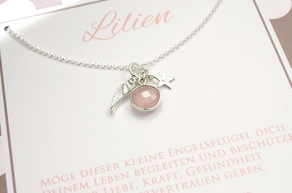 Kette Mit Engelsflügel Rosenquarz Und Glücksstern Taufkette Mädchen Aus 925 Sterling Silber Mit Gravur Geschenkbox Von Bloomgart von Bloomgart