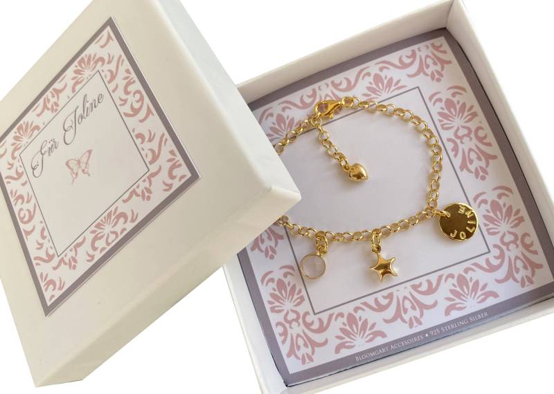 Namensarmband Star Taufarmband Mit Gravur Aus Vergoldetem Sterling Silber Namenstaler Stern Und Monatsstein Namensschmuck Von Bloomgart von Bloomgart