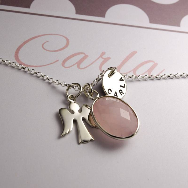 Namenskette Mit Gravur Engel Taufkette Geschenkbox Engelkette Engelsrufer Kette Rosenquarz Und Namensplättchen Geschenk Mädchen von Bloomgart
