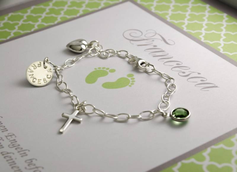 Taufarmband Mit Gravur, Geburtsstein, Kreuz Und Herz Aus 925 Silber, Namensschmuck Zur Taufe in Personalisierte Geschenkbox Von Bloomgart von Bloomgart