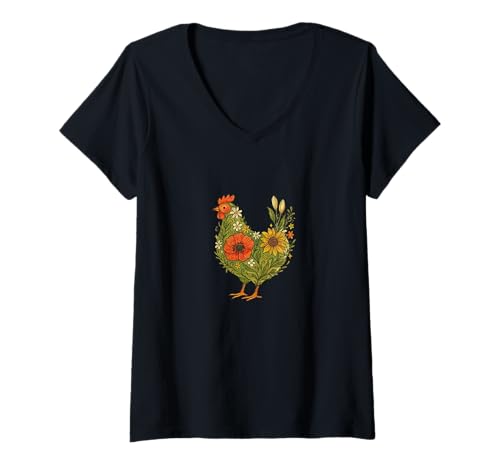 Damen Huhn Floral Silhouette Farmhouse Country Garden Inspired T-Shirt mit V-Ausschnitt von Blooming Barnyard Beauty Emporiums
