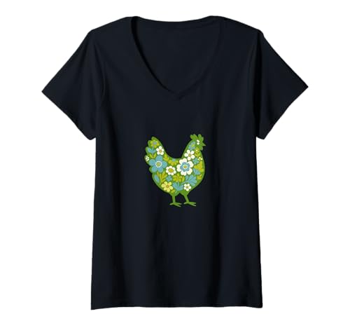 Damen Huhn Floral Silhouette Farmhouse Country Garden Inspired T-Shirt mit V-Ausschnitt von Blooming Barnyard Beauty Style Emporiums