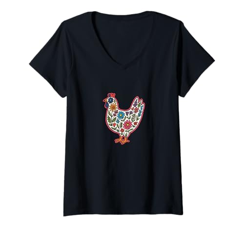 Damen Huhn Floral Silhouette Farmhouse Country Garden Inspired T-Shirt mit V-Ausschnitt von Blooming Barnyard Emporiums