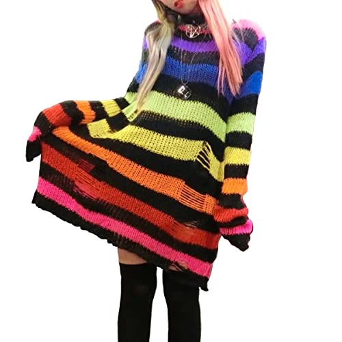 Blooming Beauty Damen Gothic Punk Grunge Pullover Langarm Rundhals Oversize Gestreifte Zerrissene Lange Strickpullover Pulloverkleid Longpullover Oberteile Tops (Einheitsgröße, Regenbogen) von Blooming Beauty