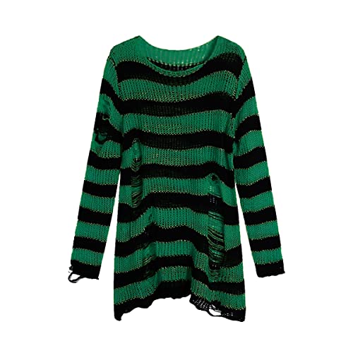 Blooming Beauty Damen Gothic Punk Grunge Pullover Langarm Rundhals Oversize Gestreifte Zerrissene Lange Strickpullover Pulloverkleid Longpullover Oberteile Tops (Einheitsgröße, Waldgrün) von Blooming Beauty