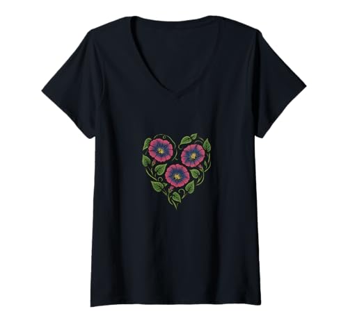 Damen Morning Glory Blumen Elegant Bloom Garten Natur T-Shirt mit V-Ausschnitt von Blooming Dawn Beauty Style Emporiums