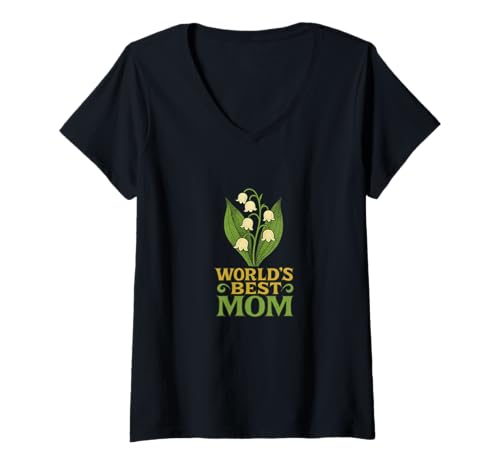 Damen World's Best Mom Maiglöckchen Blumendesign T-Shirt mit V-Ausschnitt von Blooming Grace Emporium