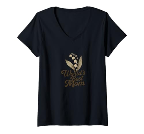 Damen World's Best Mom Maiglöckchen Blumendesign T-Shirt mit V-Ausschnitt von Blooming Graces Emporiums