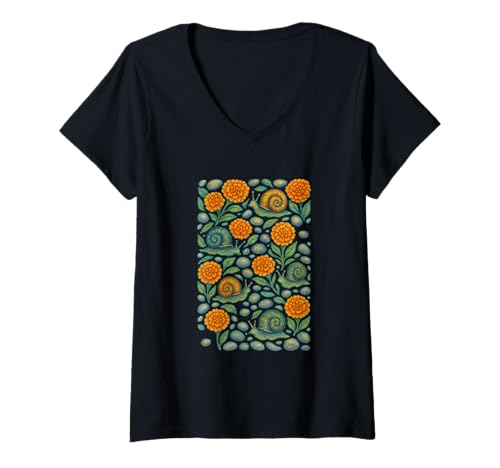 Damen Ringelblume Blumen und Schnecken skurriles Cottagecore T-Shirt mit V-Ausschnitt von Blooming Hollow Emporiums