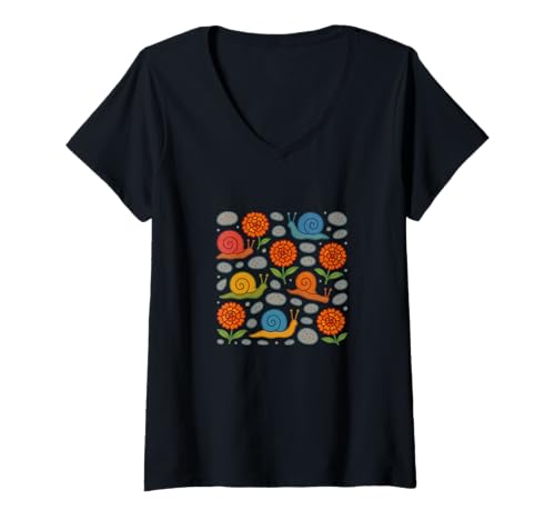 Damen Ringelblume Blumen und Schnecken skurriles Cottagecore T-Shirt mit V-Ausschnitt von Blooming Hollows Emporiums