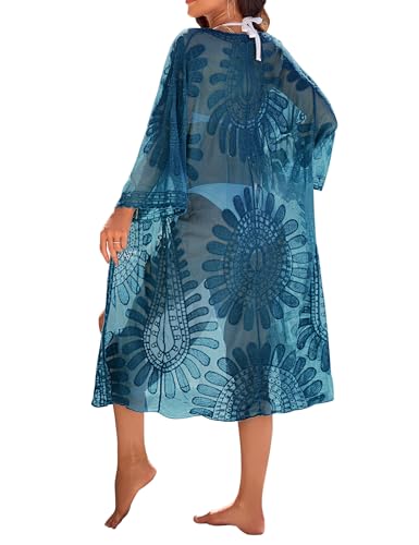 Blooming Jelly, Strandkimono für Damen – lange Sommer-Strickjacke aus Spitze mit Blumenmuster, luftige Mesh-Badebekleidung-Tunika mit 3/4-Ärmeln, Einheitsgröße von Blooming Jelly