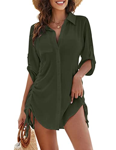 Blooming Jelly Damen Badeanzug Cover Ups Bikini Swimsuit Coverup Kordelzug Button Down Strandkleid Shirt, Grün , XL von Blooming Jelly