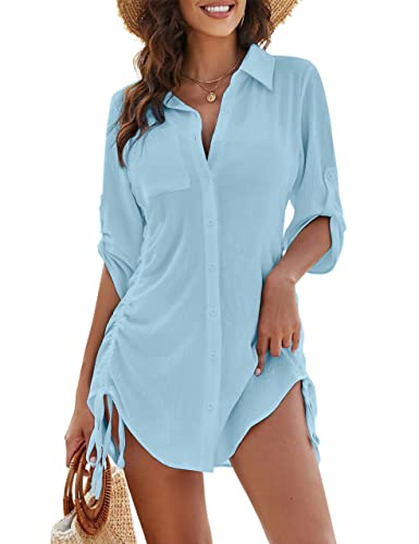 Blooming Jelly Damen Badeanzug Cover Ups Bikini Swimsuit Coverup Kordelzug Button Down Strandkleid Shirt, Himmelblau, Large von Blooming Jelly