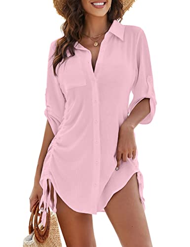 Blooming Jelly Damen Badeanzug Cover Ups Bikini Swimsuit Coverup Kordelzug Button Down Strandkleid Shirt, Pink, Mittel von Blooming Jelly