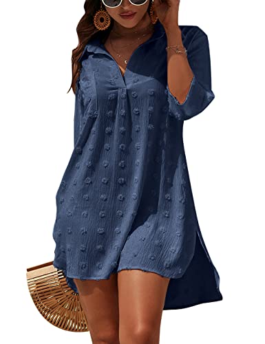 Blooming Jelly Damen Badeanzug Coverups Weiß Chiffon Bikini Bademode Strand Cover Up Kleid Hemd, marineblau, 3X-Large von Blooming Jelly