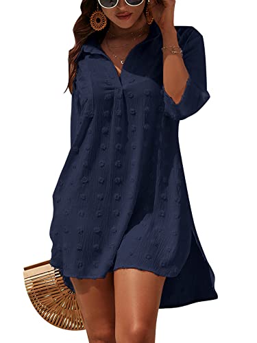 Blooming Jelly Damen Badeanzug Coverups Weiß Chiffon Bikini Bademode Strand Cover Up Kleid Shirt, Mitternachtsblau, Medium von Blooming Jelly