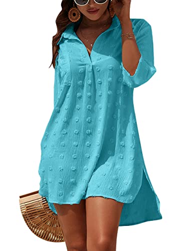 Blooming Jelly Damen Badeanzug Coverups Weiß Chiffon Bikini Bademode Strand Cover Up Kleid Shirt, blau - fluorescent blue, XX-Large von Blooming Jelly