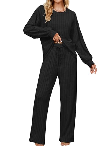 Blooming Jelly Damen Lounge Set Langarm Pyjamas Zweiteiler Hausanzug Schlafanzug 2025 Schwarz XL von Blooming Jelly