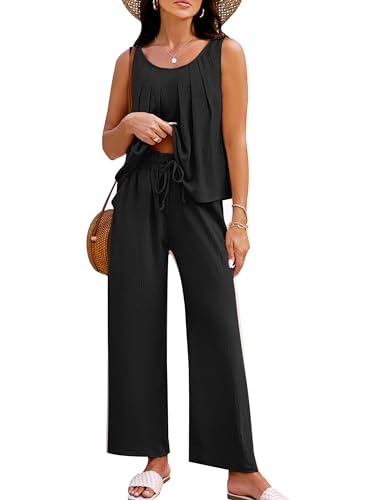 Blooming Jelly Zweiteiliges Damen-Set, Lounge-Urlaubs-Outfits, Leinen, passende Sets, Kleidung, elegante Jumpsuits mit Hose, Schwarz, Small von Blooming Jelly