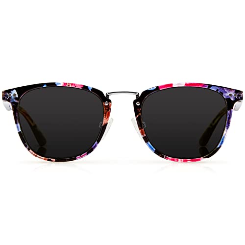 Bloomoak Klassische polarisierte Sonnenbrille – runde Rahmen mit Metallakzenten und UV400-Schutz für Damen – Go Retro im Stil, Blumendruck-Rahmen/graue Linse, Small von Bloomoak