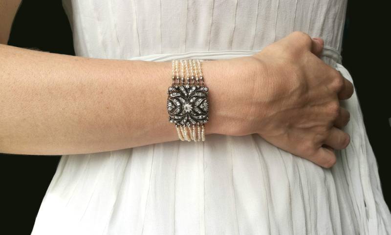 Belle Epoque Natürliche Samenperlen 2.50Ct Altschliff Diamant Geschwärztes Silber Armband von Bloomsburymanor