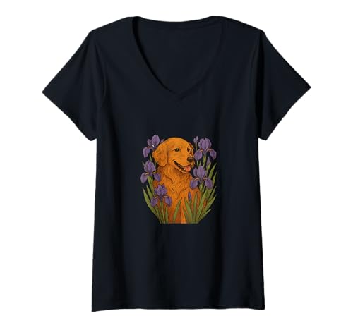 Damen Golden Retriever mit violetten Schwertlilien, für Hundeliebhaber T-Shirt mit V-Ausschnitt Damen Golden Retriever mit violetten Schwertlilien, für Hundeliebhaber T-Shirt mit V-Ausschnitt von Bloomtail Companions